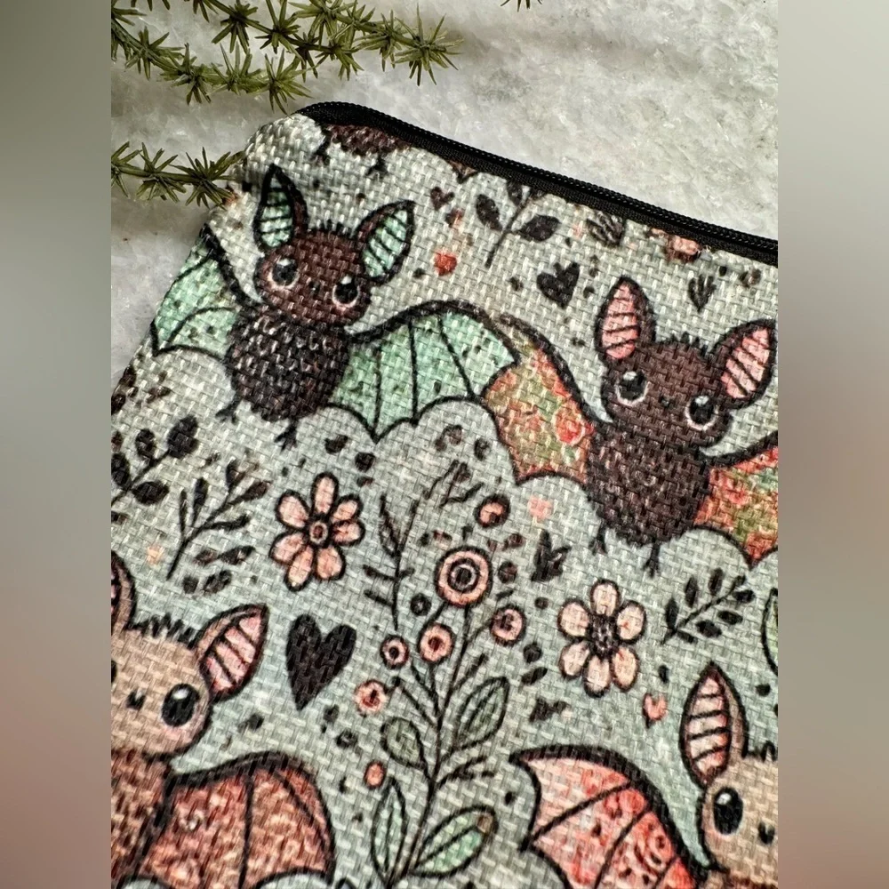 New Halloween Bats Flowers Hearts Makeup Cosmetic Tech Pencil Bag w/ Charm 8.75